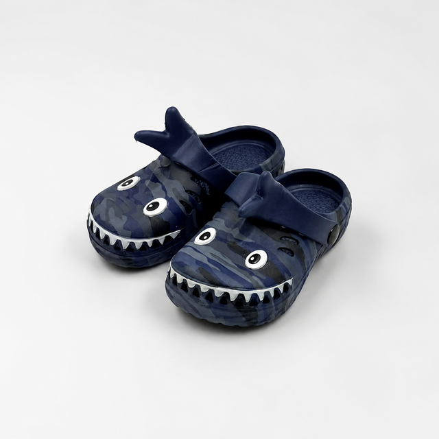Bulk Kids Blue Camo Shark Clogs with 3D Fin Strap