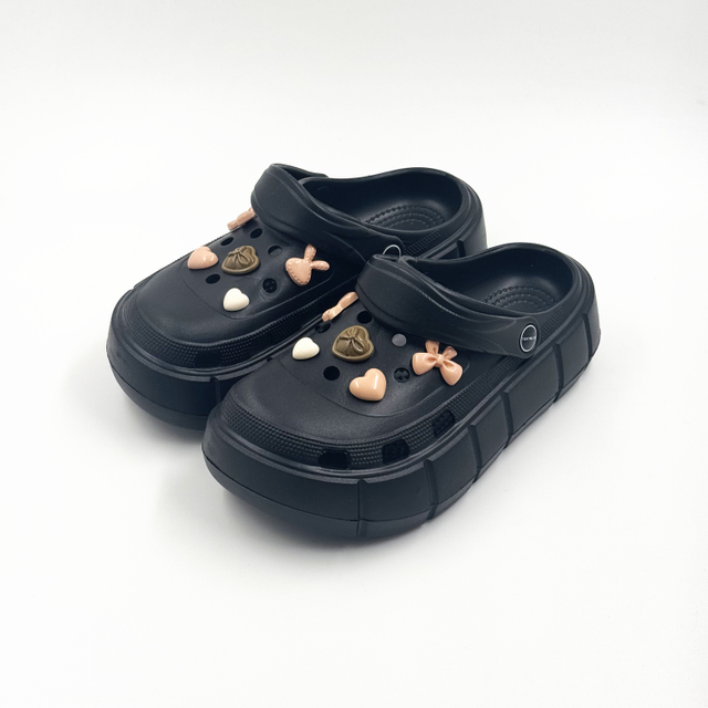 Women's Black Platform Clogs with Bow And Heart Charms Wholesale