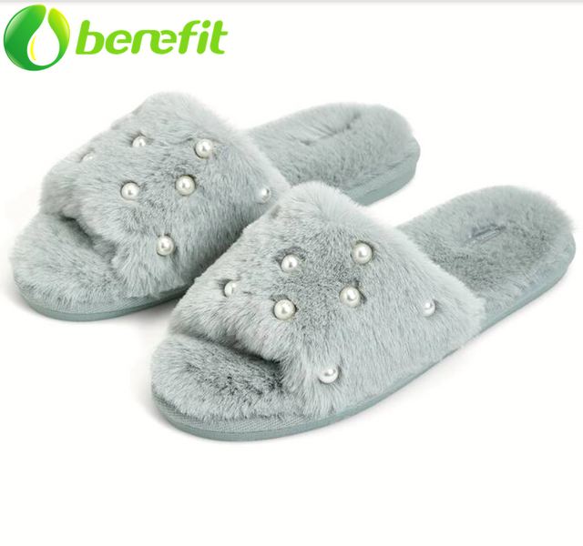 Furry Slides with Pearls Mint Women's House Slippers 