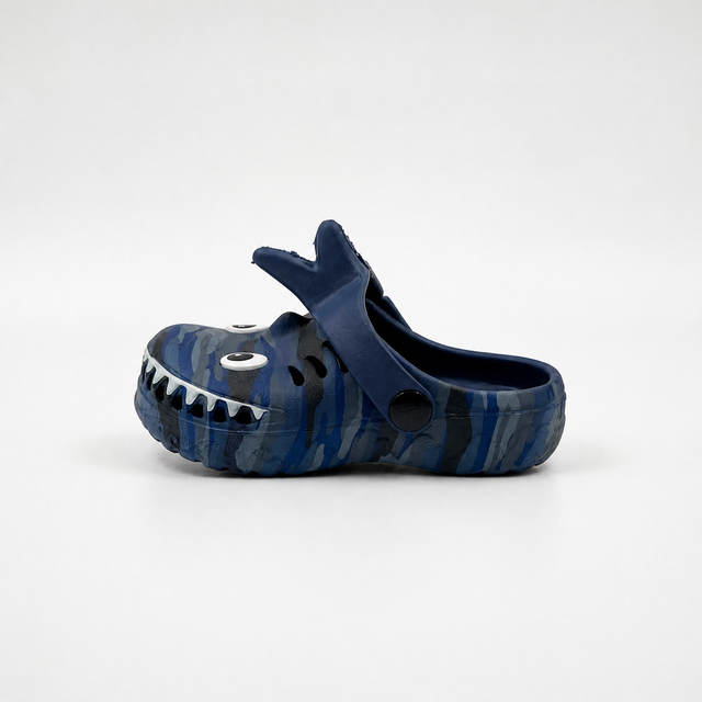 Bulk Kids Blue Camo Shark Clogs with 3D Fin Strap