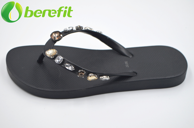 Black Summer Artificial Diomond Decoration Women Beach Flip Flops 