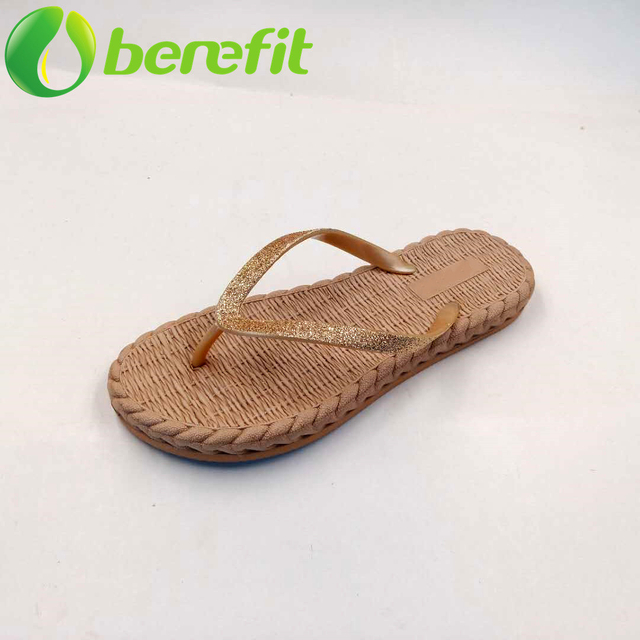 Golden glitter V-strap embossed insole lady flip flop slipper 