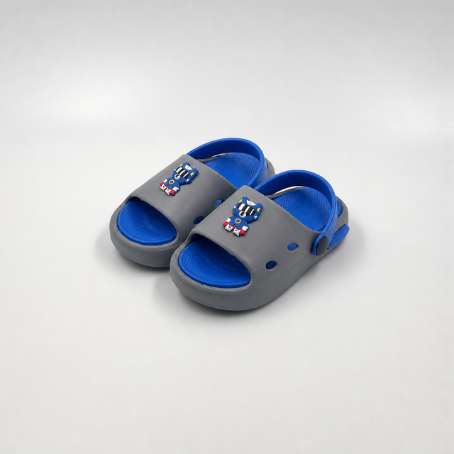 Wholesale Kids Grey & Blue Slides Robot Bear Heel Strap Supplier
