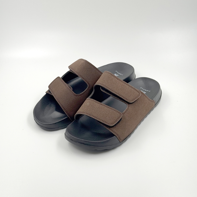 MEN BROWN LEATHER OPEN-TOE FLAT SLIDE SANDALS