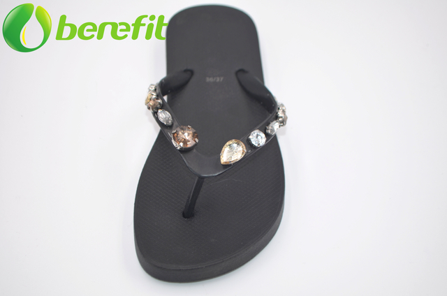 Black Summer Artificial Diomond Decoration Women Beach Flip Flops 