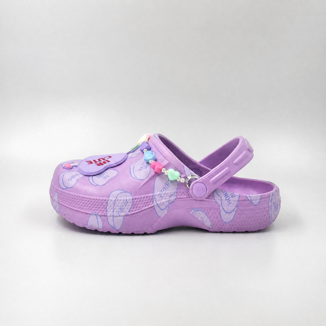 Bulk Kids UR CUTE Heart Clogs with Charms | Wholesale Girls Purple Garden Shoes Factory