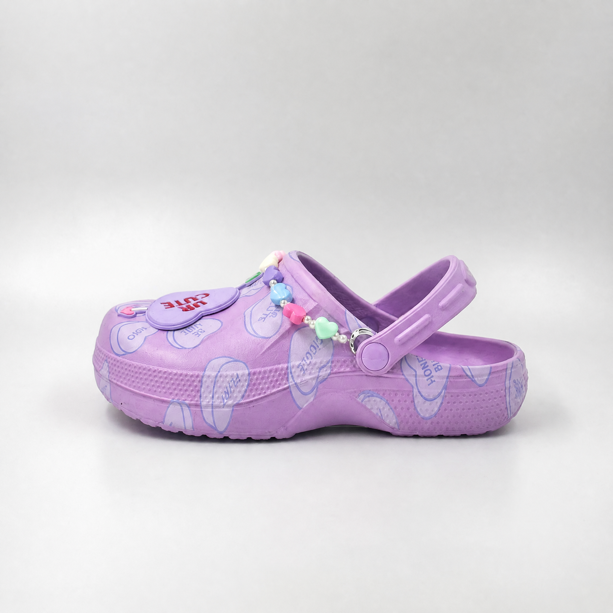 Bulk Kids UR CUTE Heart Clogs with Charms | Wholesale Girls Purple Garden Shoes Factory