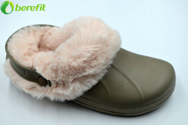 Women's Khaki Fur Lined Waterproof Toe Closed Garden Shoes Clogs 