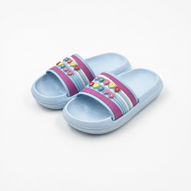 Wholesale Girls Blue Slides with Colorful Happy Girls Heart Charms