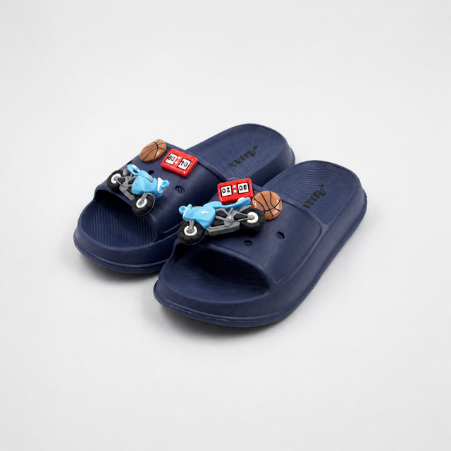 Wholesale Kids Navy Slides with Motorcycle & Basketball Charms