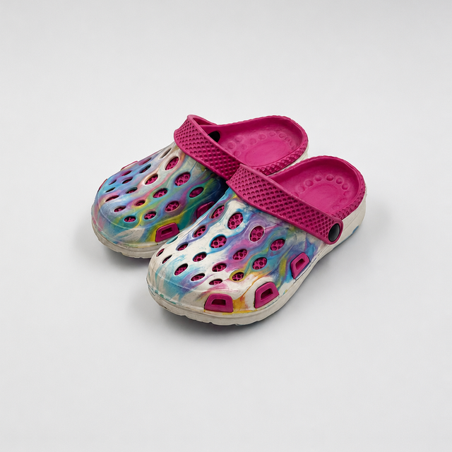 Wholesale Colorful Tie-Dye Kids Clogs with Pink EVA Strap